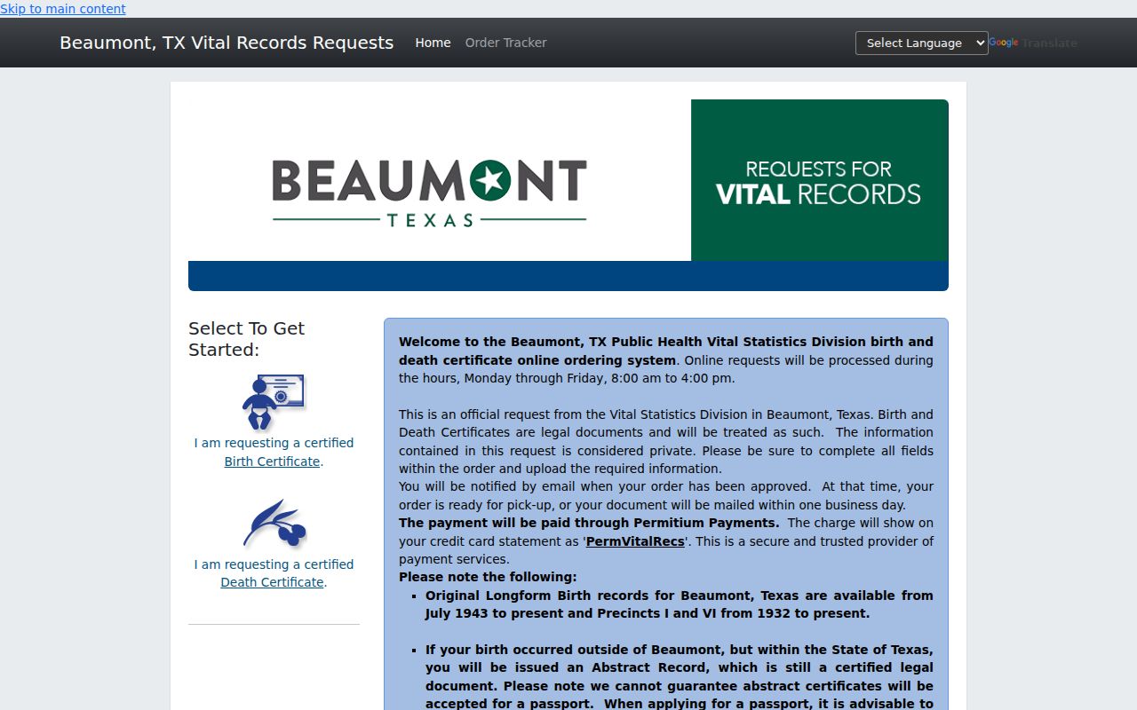 Beaumont resident lookup local vital-record certificate portal