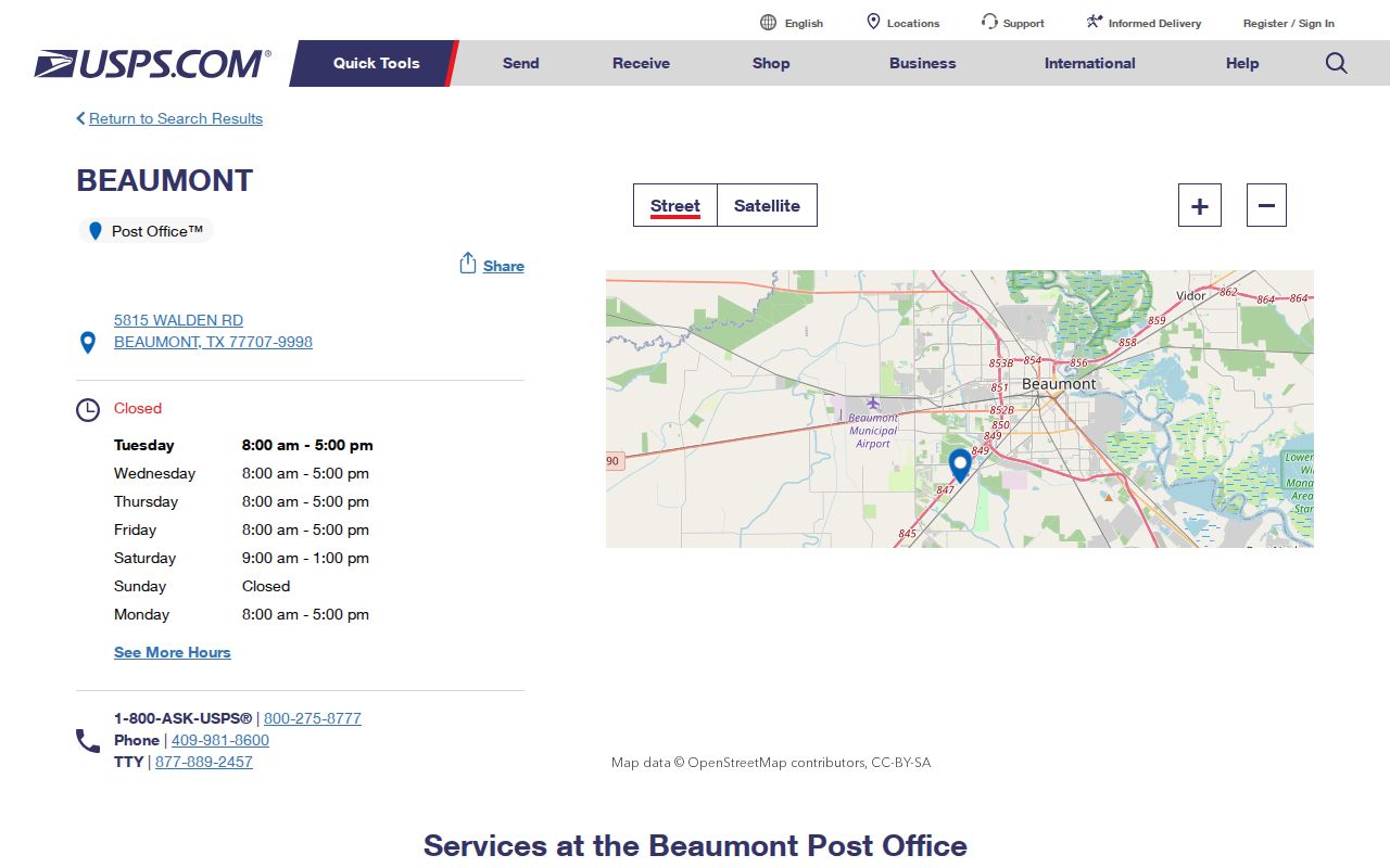 Beaumont ZIP code directory USPS facility result